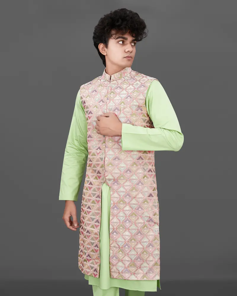 Vanilla Pink With Pixie Green Embroidered Sleeveless Indo-Western With Kurta And Pants Set 1