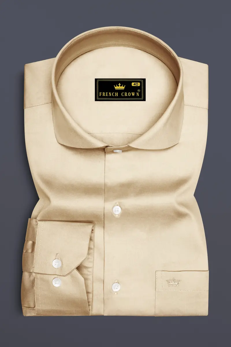 Vanoro-Almond Cream Subtle Sheen Super Soft Premium Cotton Cut Away Collar Dress Shirt 4