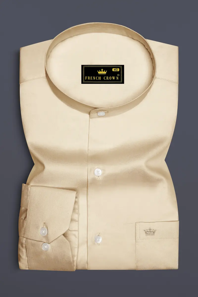 Vanoro-Almond Cream Subtle Sheen Super Soft Premium Cotton Mandarin Shirt 4