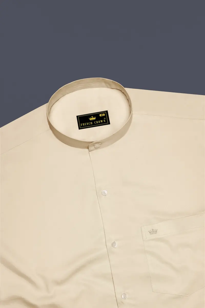 Vanoro-Almond Cream Subtle Sheen Super Soft Premium Cotton Mandarin Shirt 5