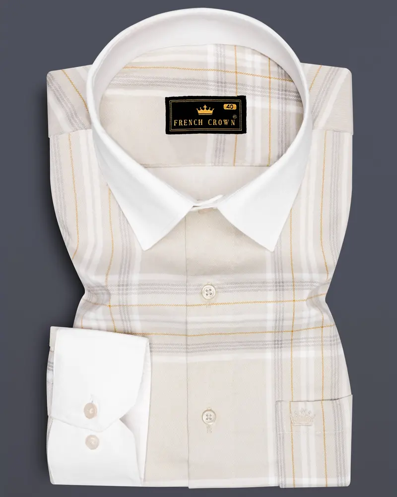 Velcrest-Mercury Cream Plaid Twill Premium Cotton Semi Dress Shirt 1