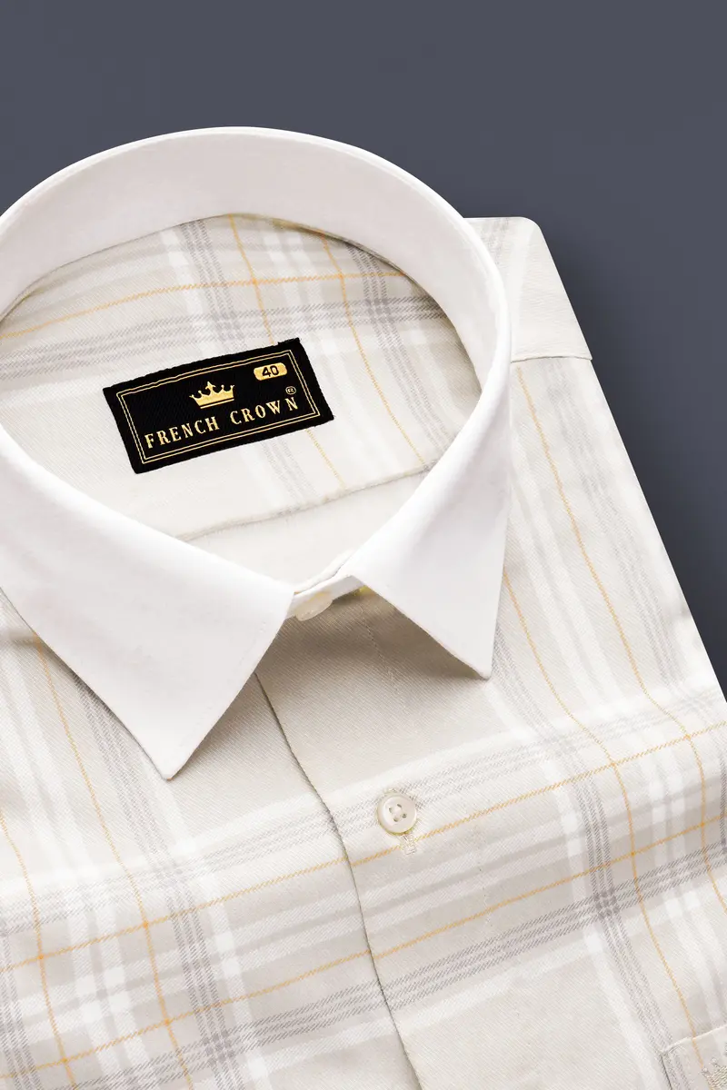 Velcrest-Mercury Cream Plaid Twill Premium Cotton Semi Dress Shirt 6