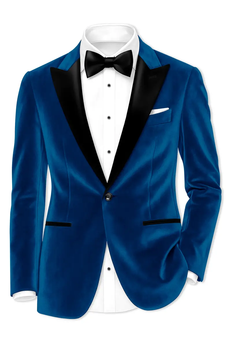 Velcrest-Prussian Blue Velvet Peak Lapel Tuxedo Blazer 2