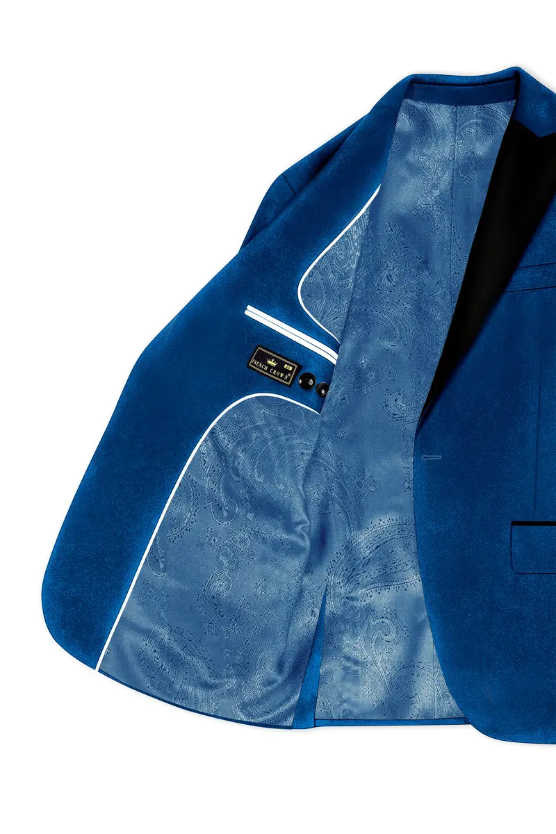Velcrest-Prussian Blue Velvet Peak Lapel Tuxedo Blazer 5