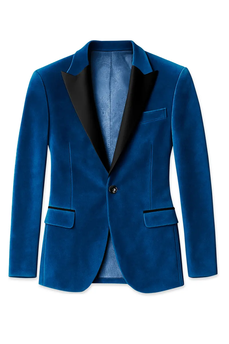 Velcrest-Prussian Blue Velvet Peak Lapel Tuxedo Blazer 7