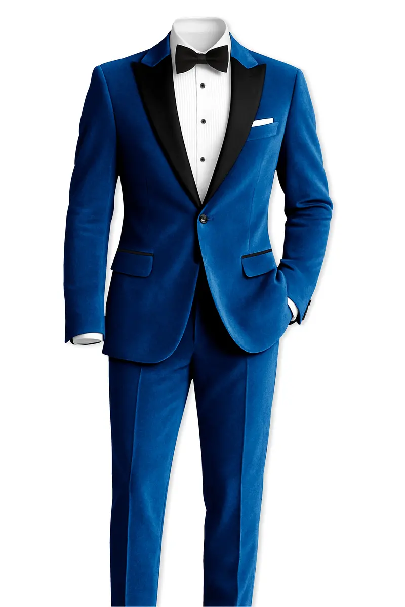 Velcrest-Prussian Blue Velvet Peak Lapel Tuxedo Blazer 9