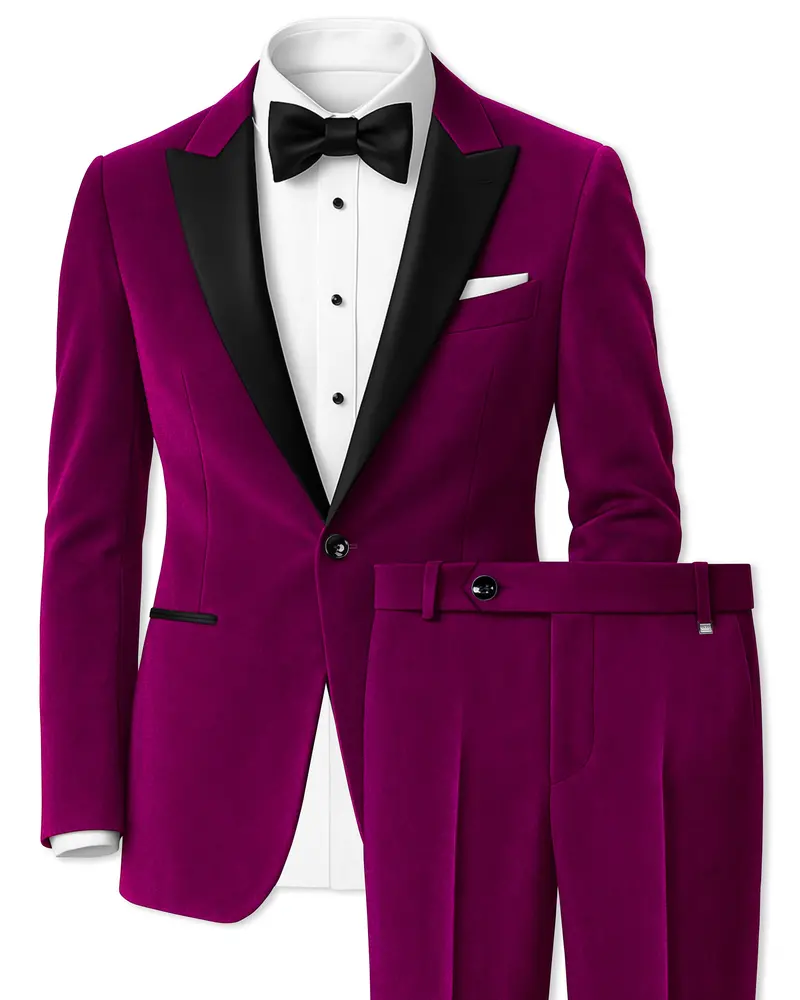 Velcrimora-Mulberry Purple Velvet Peak Lapel Tuxedo Suit 1