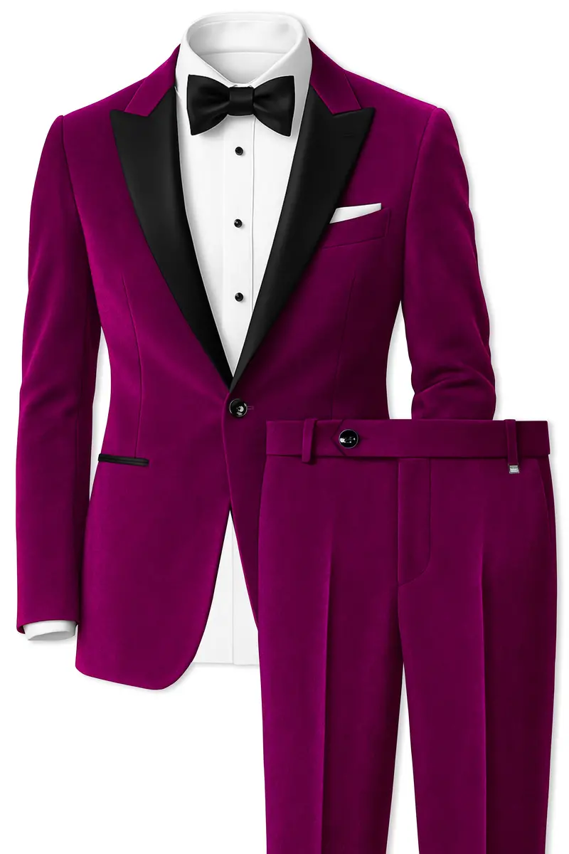 Velcrimora-Mulberry Purple Velvet Peak Lapel Tuxedo Suit 2