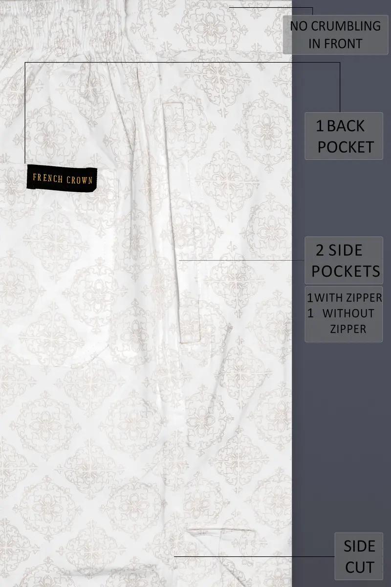 Velisca-Porcelain Cream Damask Printed Subtle Sheen Super Soft Premium Cotton Shorts 5