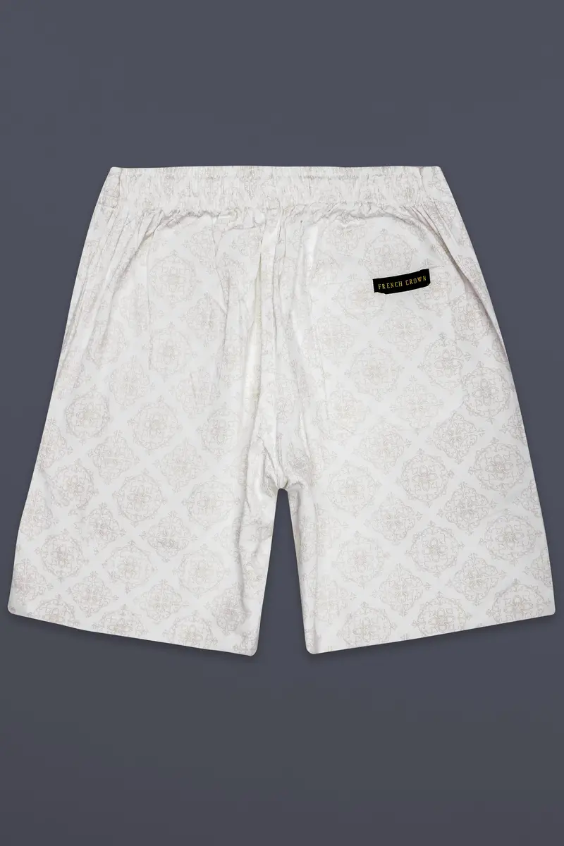 Velisca-Porcelain Cream Damask Printed Subtle Sheen Super Soft Premium Cotton Shorts 6