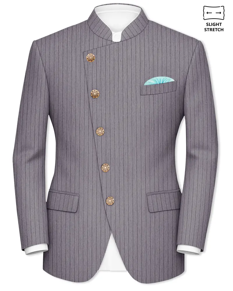 Velmoro-Mauve Gray Pin Striped Wool Rich Cross Placket Bandhgala Slight Stretch Blazer 1