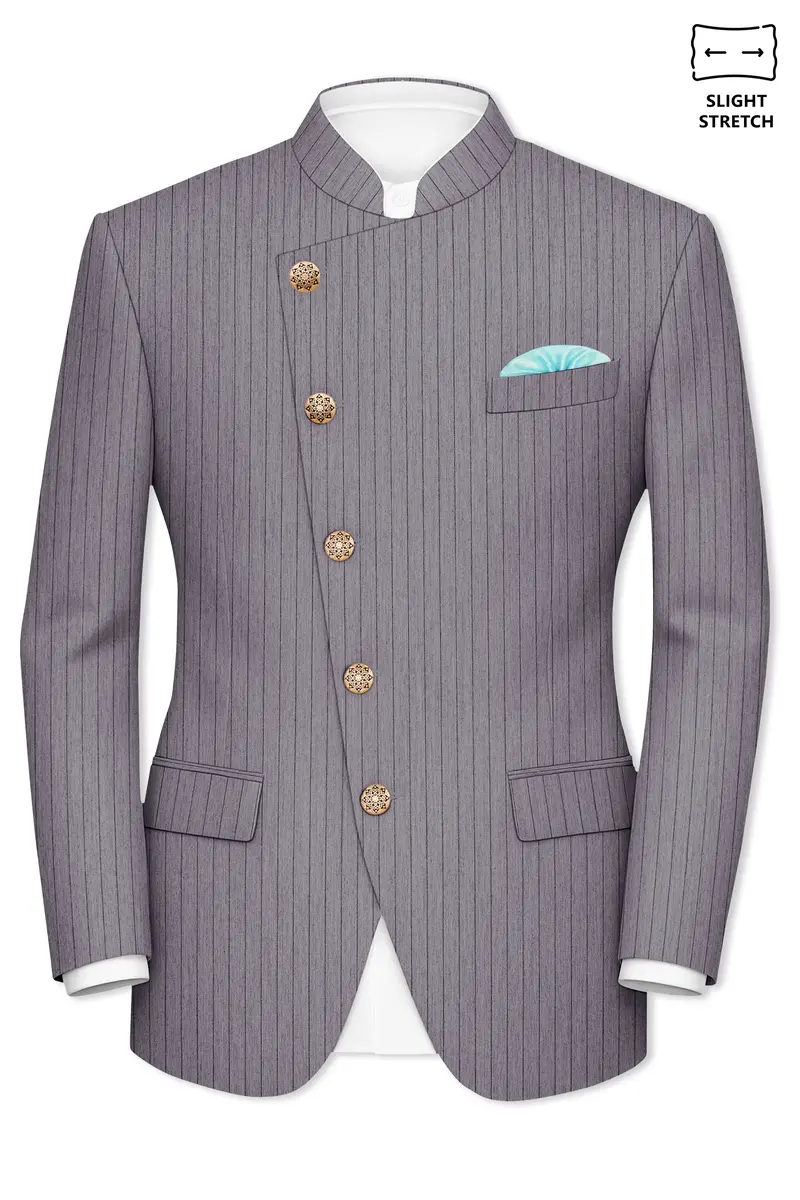 Velmoro-Mauve Gray Pin Striped Wool Rich Cross Placket Bandhgala Slight Stretch Blazer 2