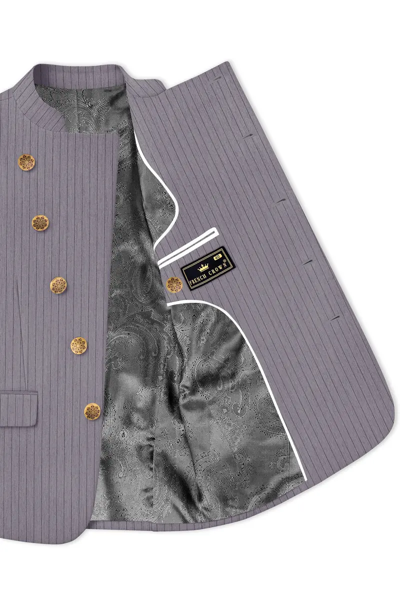 Velmoro-Mauve Gray Pin Striped Wool Rich Cross Placket Bandhgala Slight Stretch Blazer 4