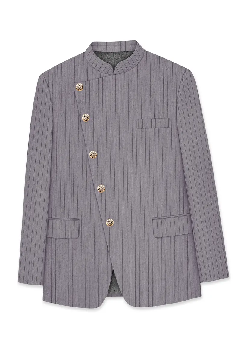 Velmoro-Mauve Gray Pin Striped Wool Rich Cross Placket Bandhgala Slight Stretch Blazer 6