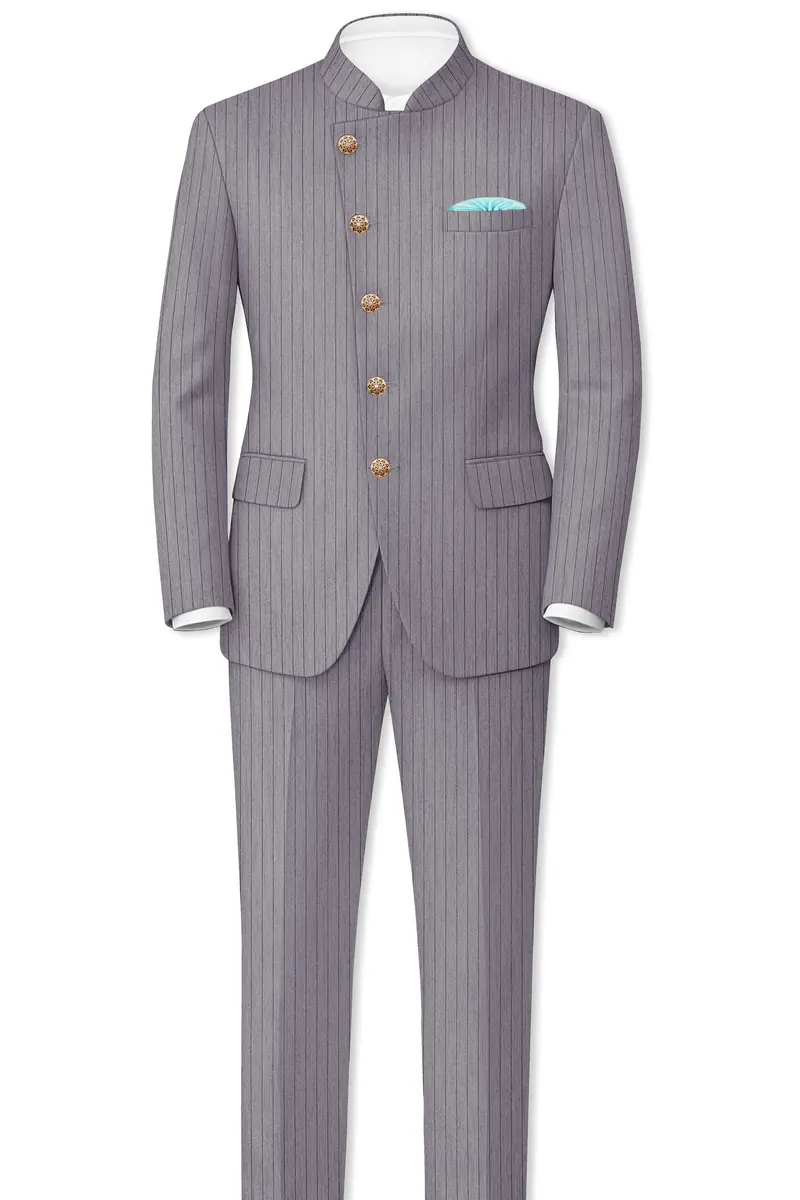 Velmoro-Mauve Gray Pin Striped Wool Rich Cross Placket Bandhgala Slight Stretch Blazer 8