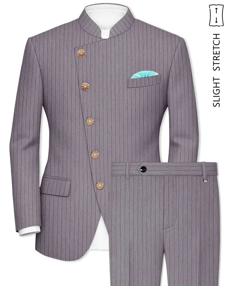 Velmoro-Mauve Gray Pin Striped Wool Rich Cross Placket Bandhgala Slight Stretch Suit 1