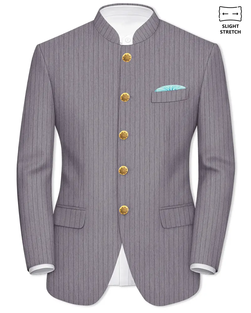 Velmoro-Mauve Gray Pin Striped Wool Rich Slight Stretch Bandhgala Blazer 1