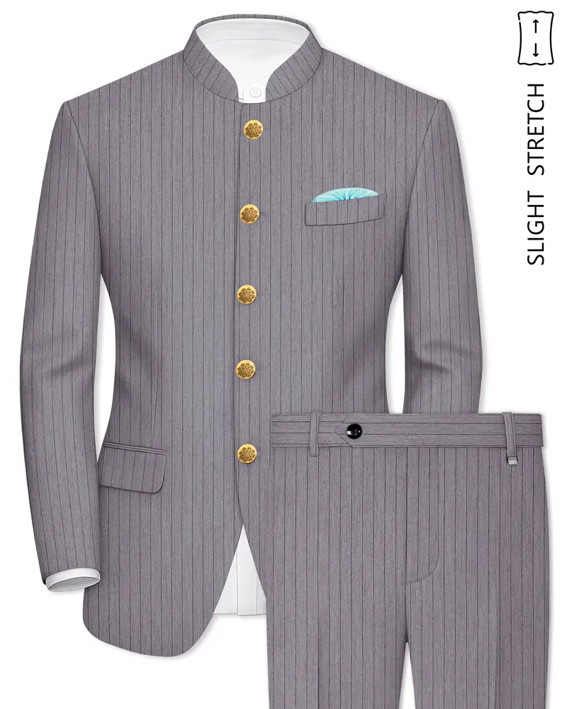 Velmoro-Mauve Gray Pin Striped Wool Rich Slight Stretch Bandhgala Suit 1