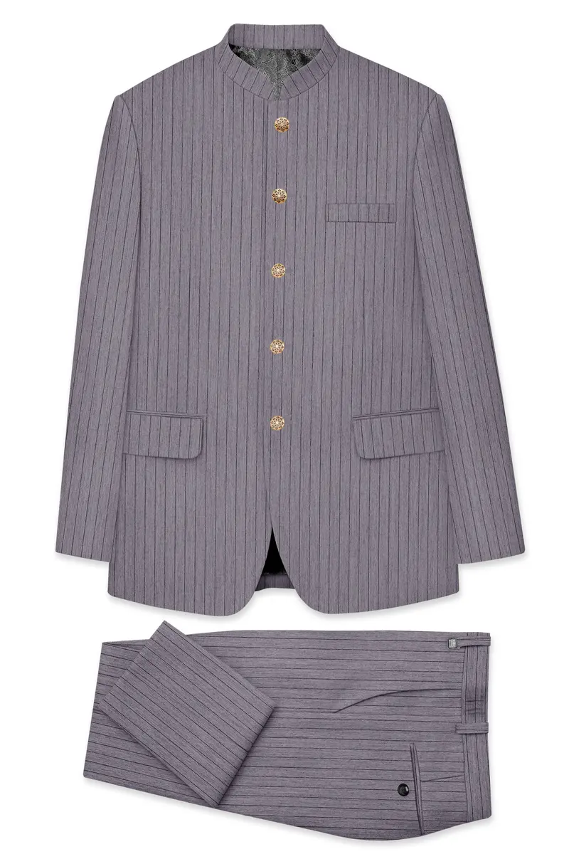 Velmoro-Mauve Gray Pin Striped Wool Rich Slight Stretch Bandhgala Suit 10
