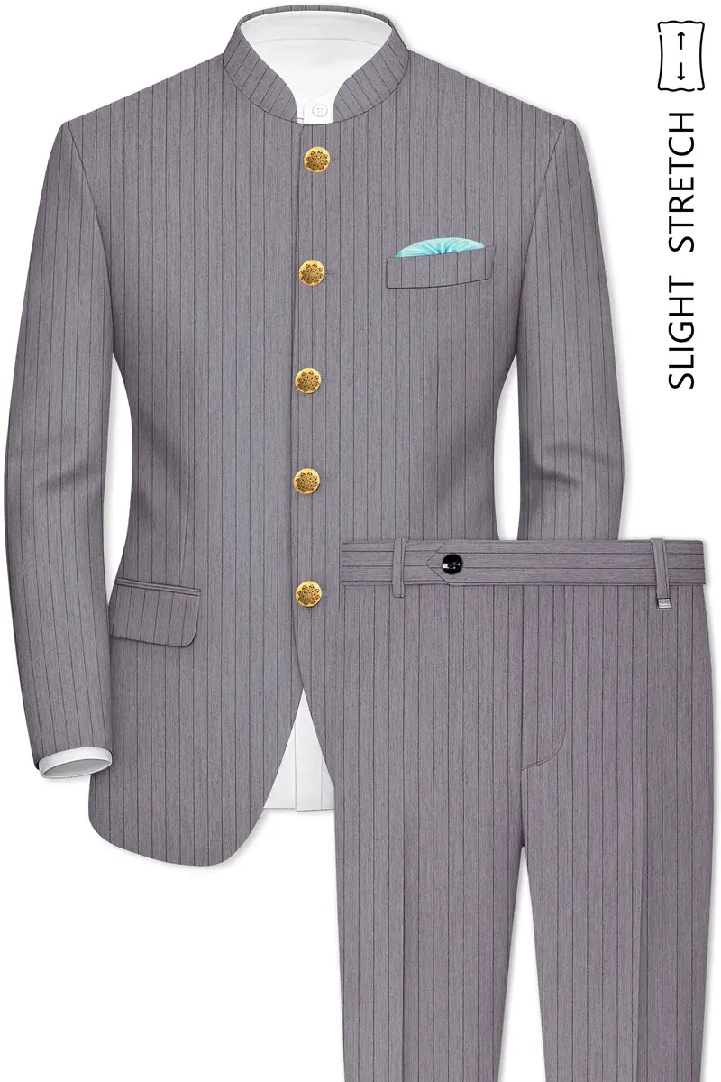 Velmoro-Mauve Gray Pin Striped Wool Rich Slight Stretch Bandhgala Suit 2