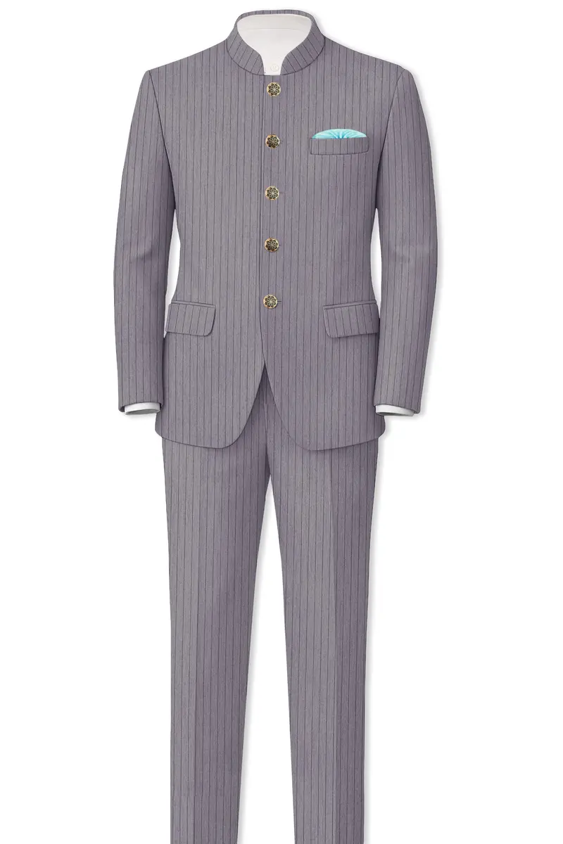 Velmoro-Mauve Gray Pin Striped Wool Rich Slight Stretch Bandhgala Suit 4