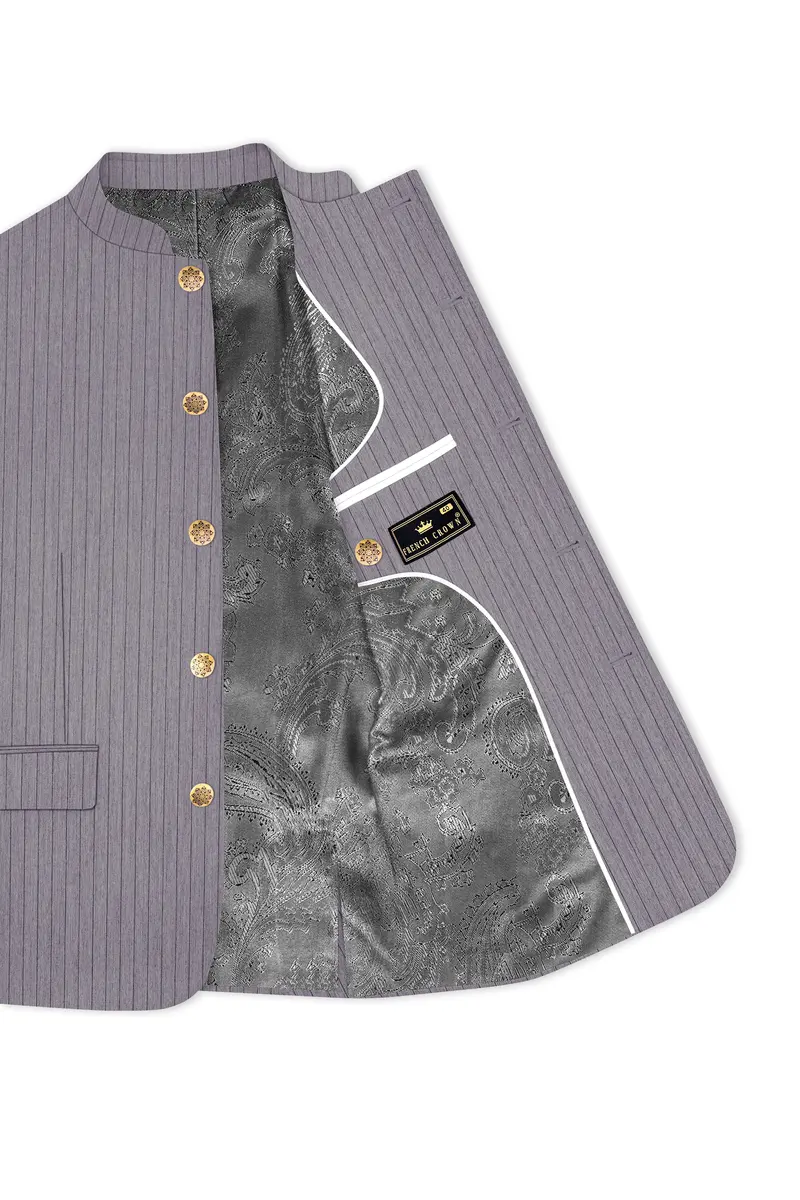Velmoro-Mauve Gray Pin Striped Wool Rich Slight Stretch Bandhgala Suit 5