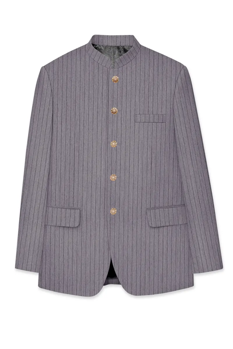 Velmoro-Mauve Gray Pin Striped Wool Rich Slight Stretch Bandhgala Suit 7