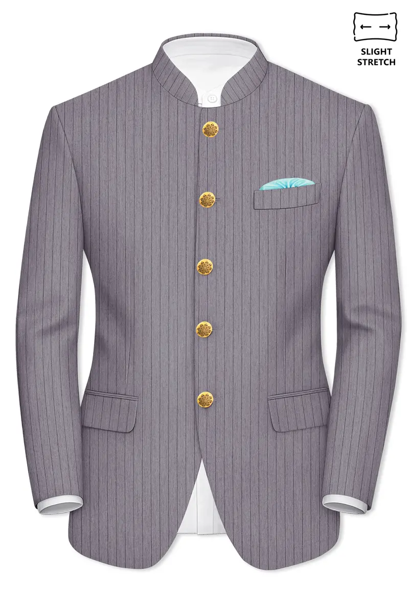 Velmoro-Mauve Gray Pin Striped Wool Rich Slight Stretch Bandhgala Suit 9