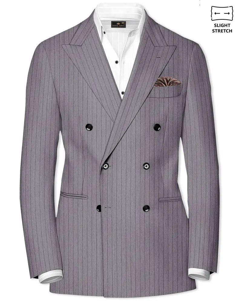 Velmoro-Mauve Gray Pin Striped Wool Rich Slight Stretch Double Breasted Blazer 1