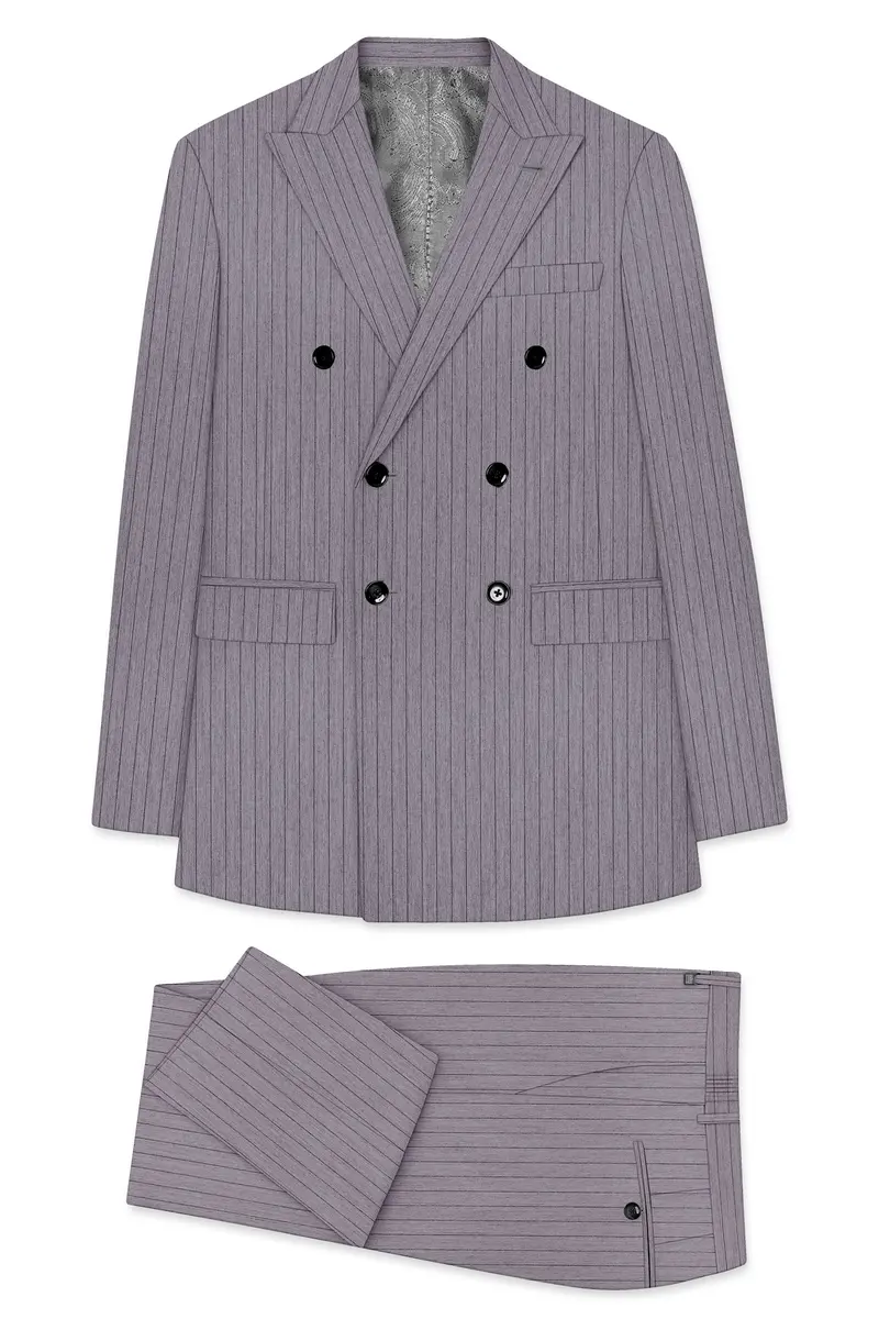 Velmoro-Mauve Gray Pin Striped Wool Rich Slight Stretch Double Breasted Suit 11
