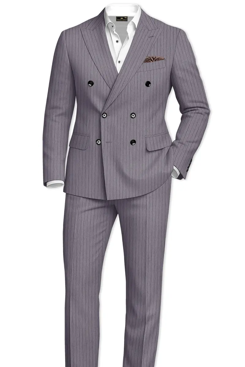Velmoro-Mauve Gray Pin Striped Wool Rich Slight Stretch Double Breasted Suit 4