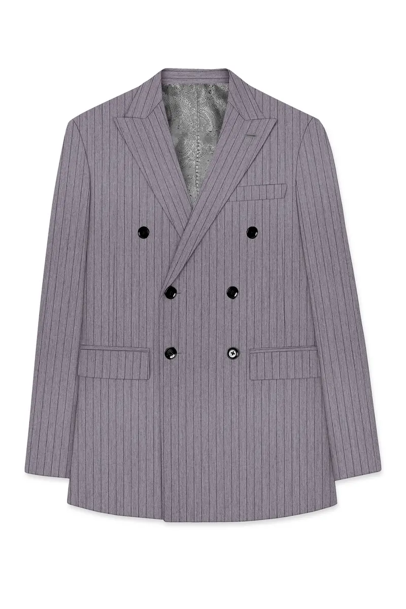Velmoro-Mauve Gray Pin Striped Wool Rich Slight Stretch Double Breasted Suit 8