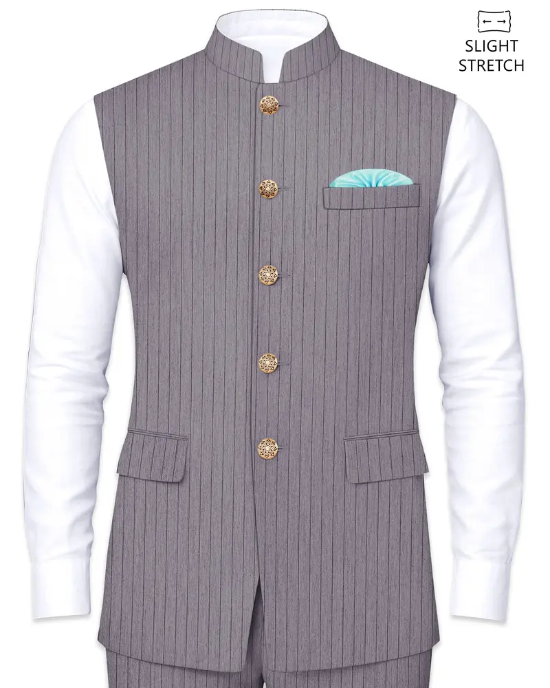 Velmoro-Mauve Gray Pin Striped Wool Rich Slight Stretch Nehru Jacket 1
