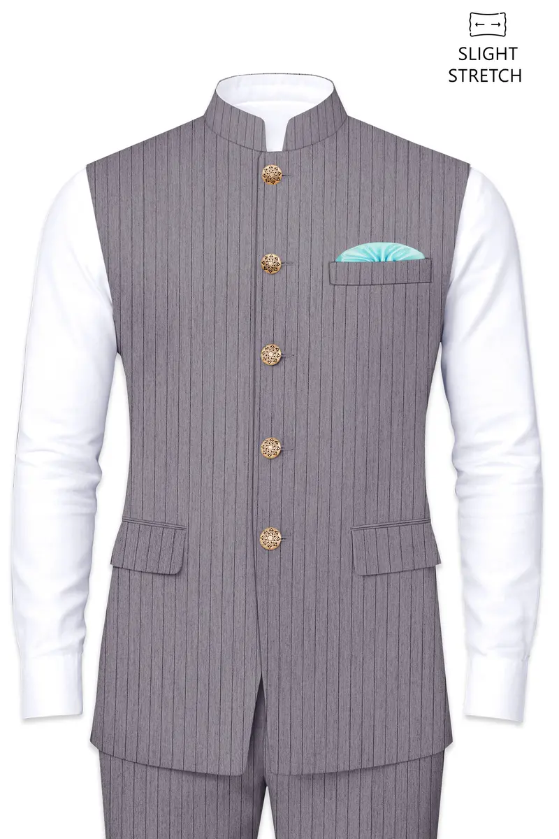 Velmoro-Mauve Gray Pin Striped Wool Rich Slight Stretch Nehru Jacket 2