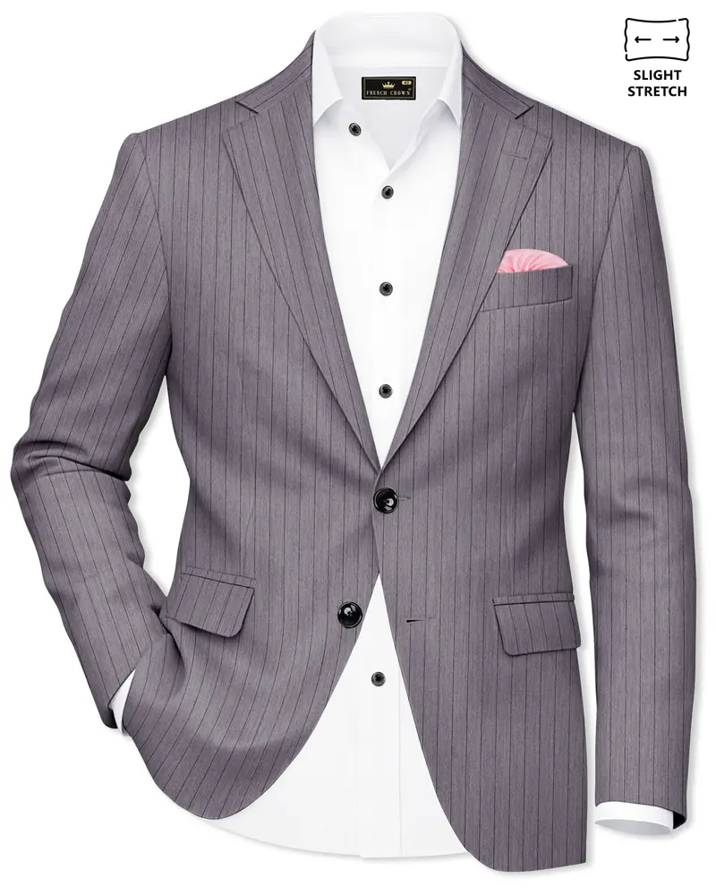 Velmoro-Mauve Gray Pin Striped Wool Rich Slight Stretch Single Breasted Blazer 1