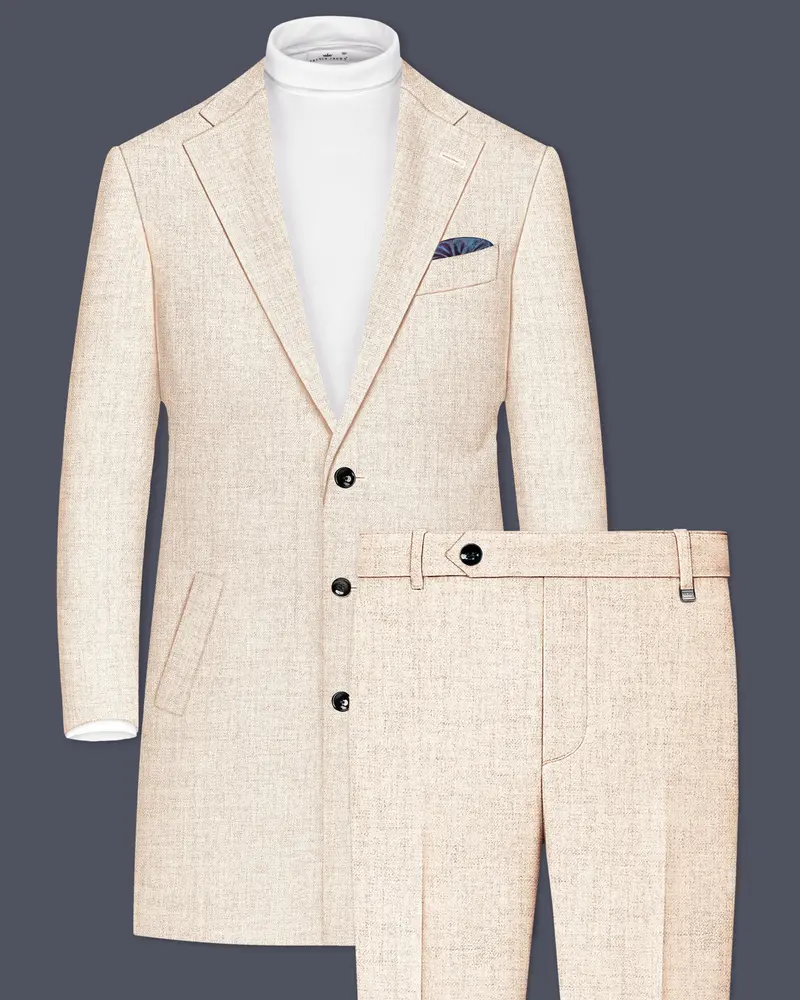 Velour-Derby Cream Textured Tweed Single Breasted Overcoat With Pant 1