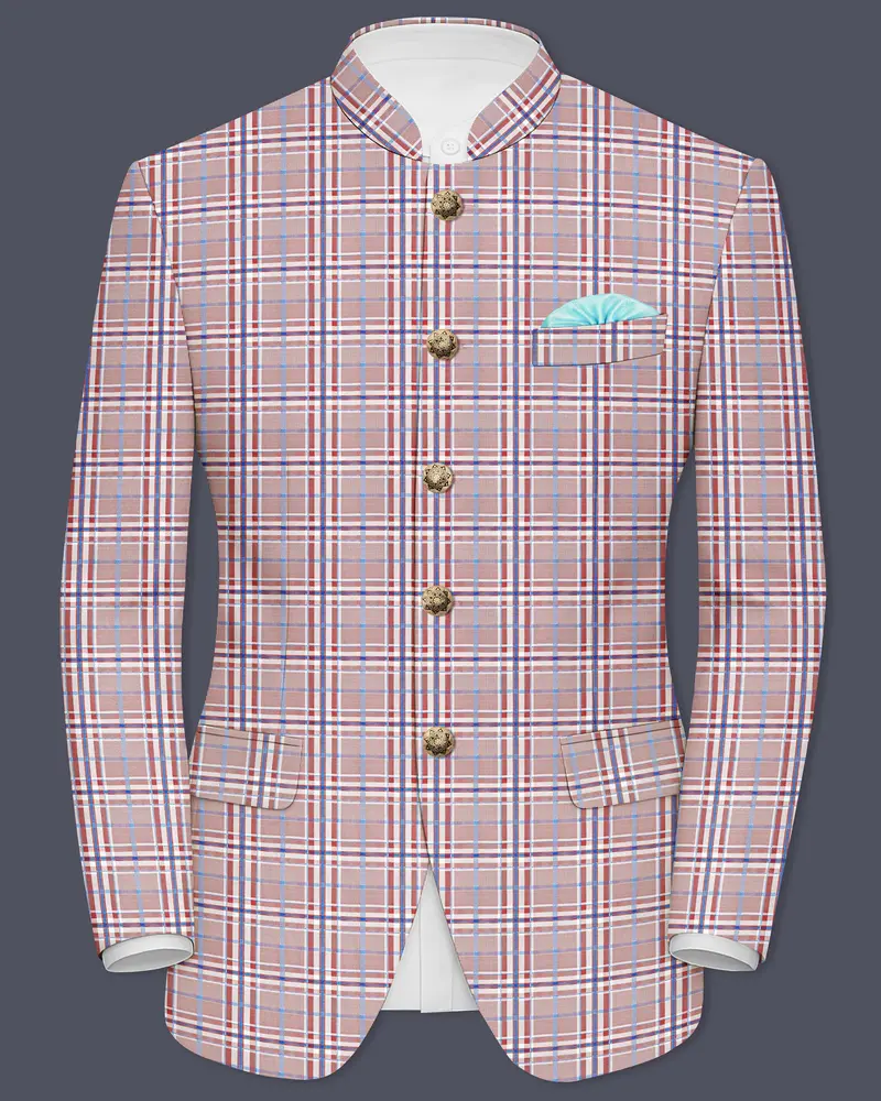 Velour-Turkish Rose Pink And Wild Blue Plaid Wool Rich  Bandhgala Blazer 1