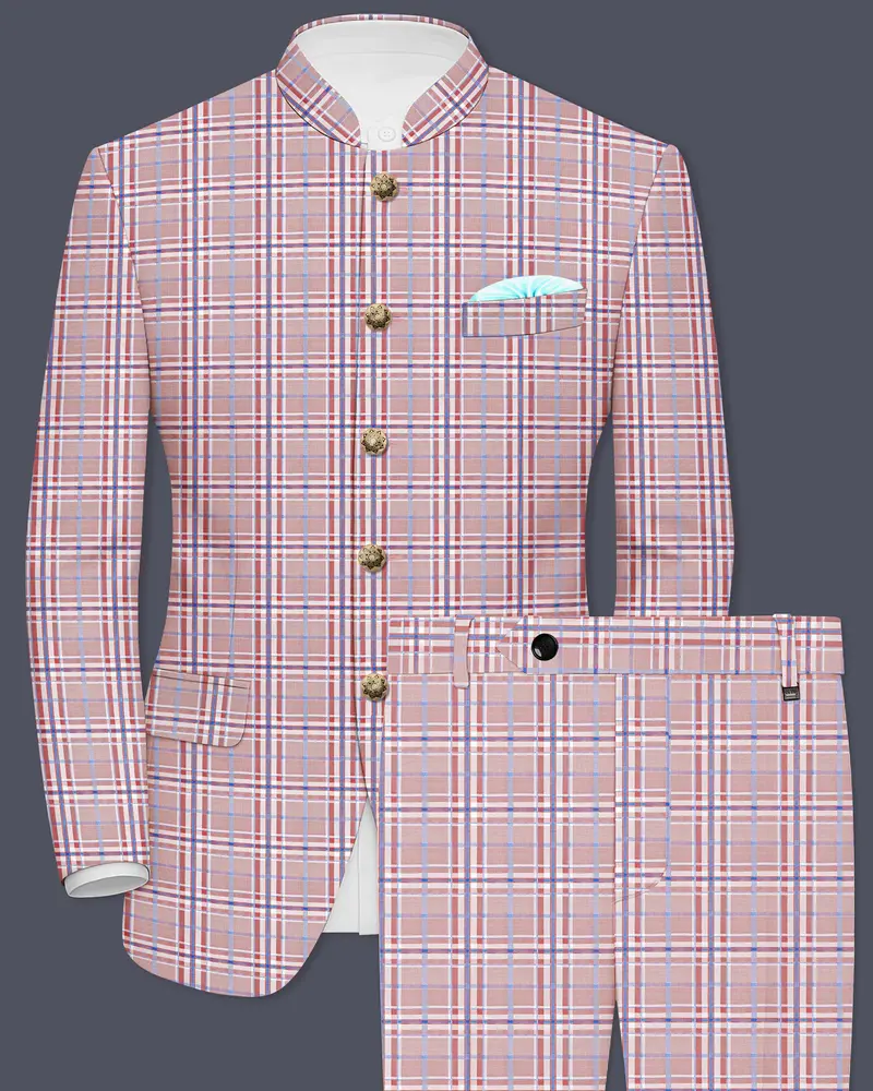 Velour-Turkish Rose Pink And Wild Blue Plaid Wool Rich  Bandhgala Suit 1