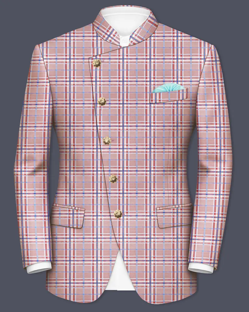 Velour-Turkish Rose Pink And Wild Blue Plaid Wool Rich Cross Placket Bandhgala Blazers 1