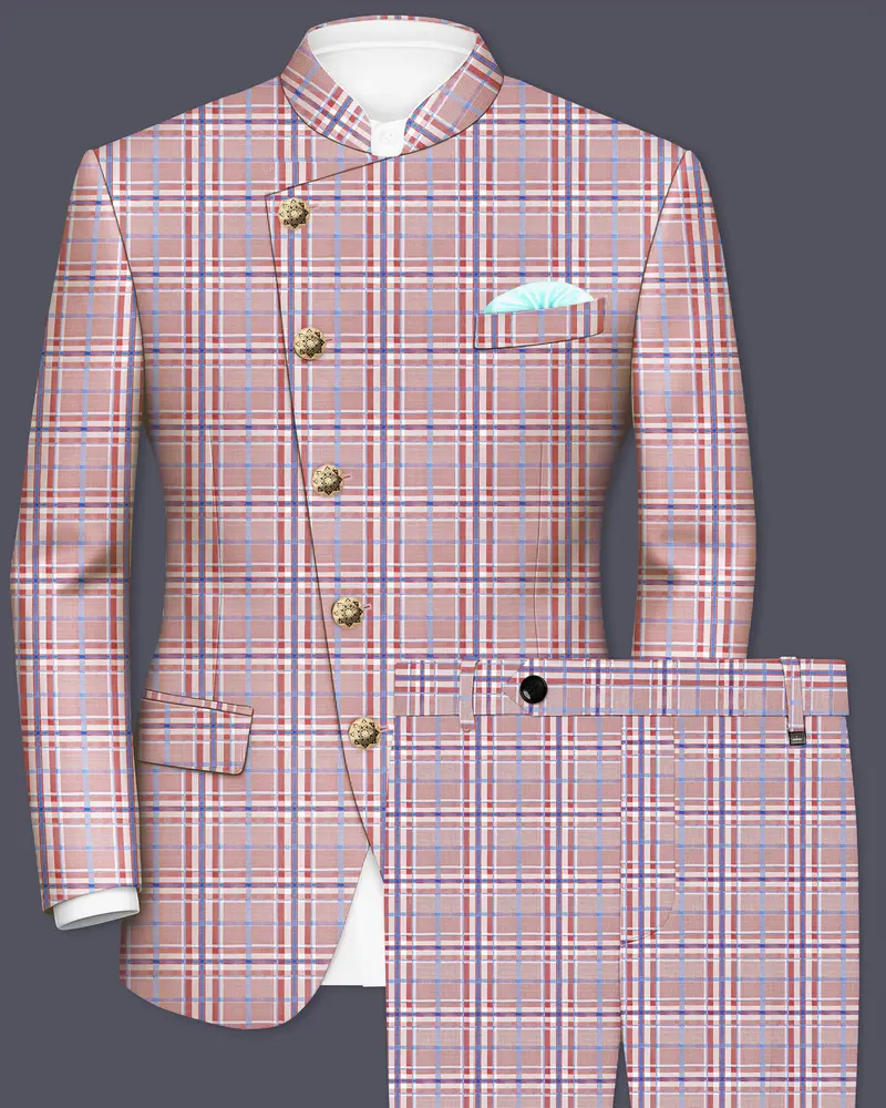 Velour-Turkish Rose Pink And Wild Blue Plaid Wool Rich Cross Placket Bandhgala Suits 1
