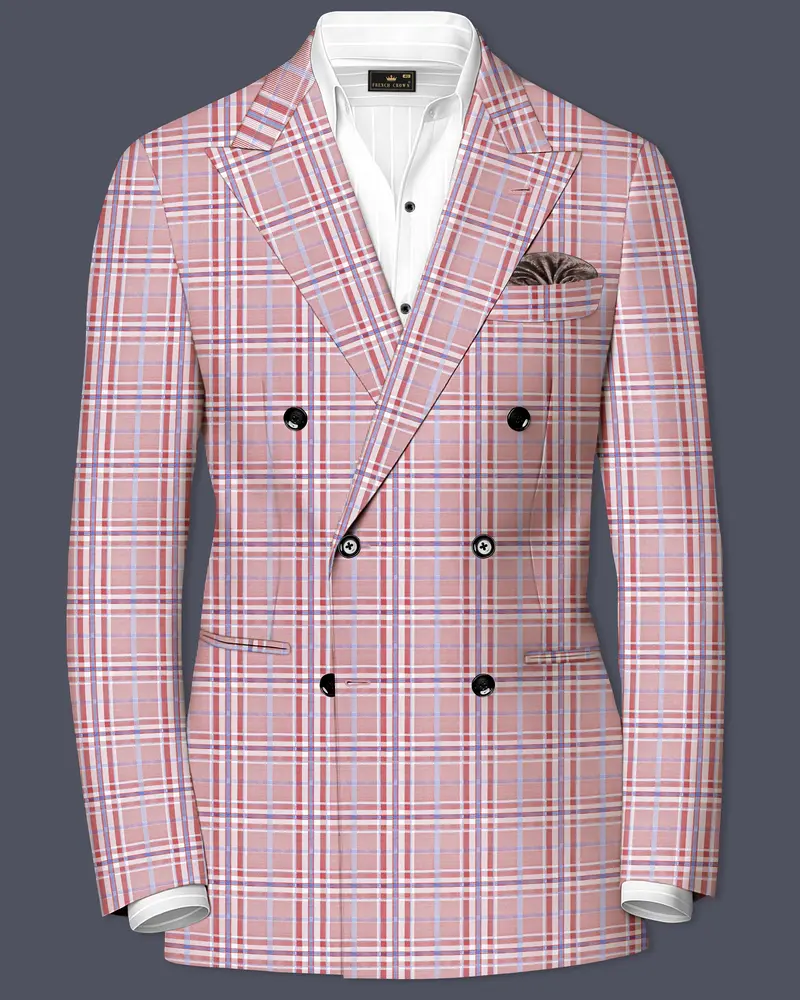 Velour-Turkish Rose Pink And Wild Blue Plaid Wool Rich Double Breasted Blazer 1