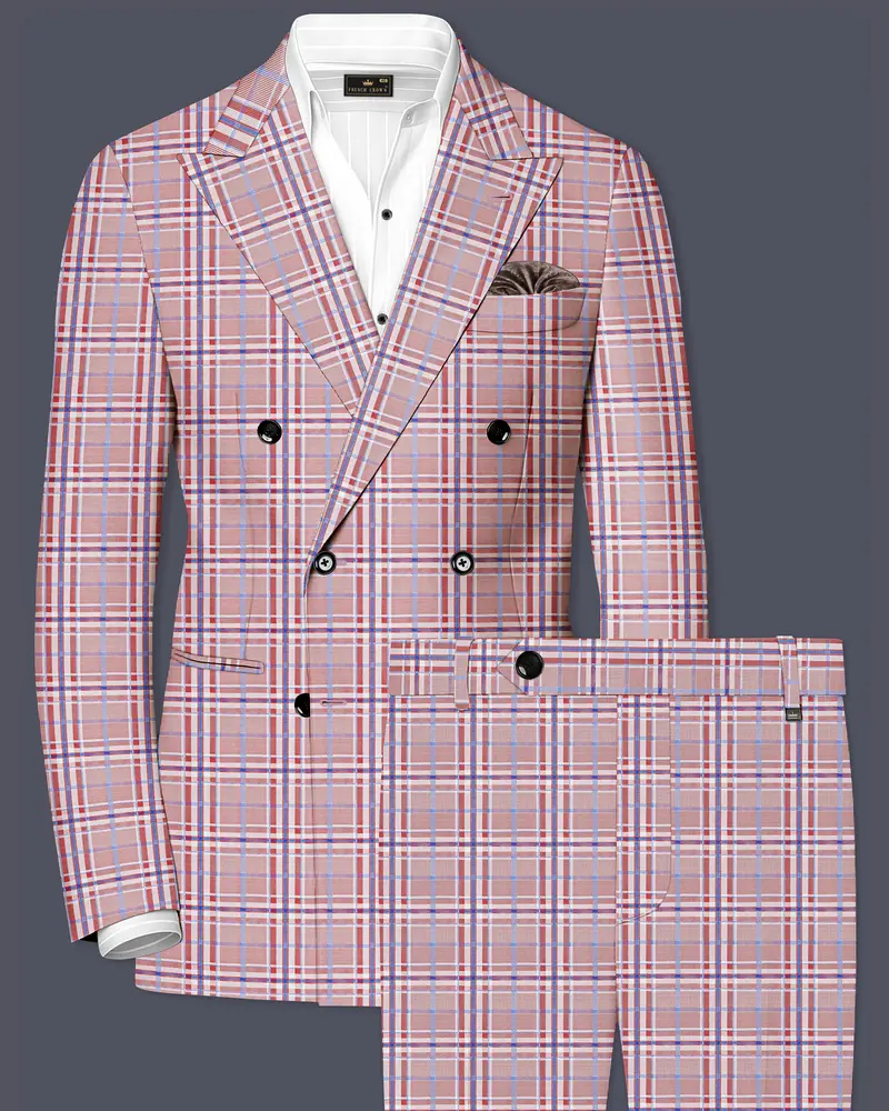 Velour-Turkish Rose Pink And Wild Blue Plaid Wool Rich Double Breasted Suit 1