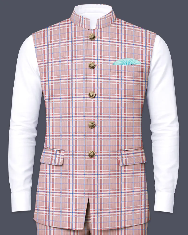 Velour-Turkish Rose Pink And Wild Blue Plaid Wool Rich Nehru Jacket 1