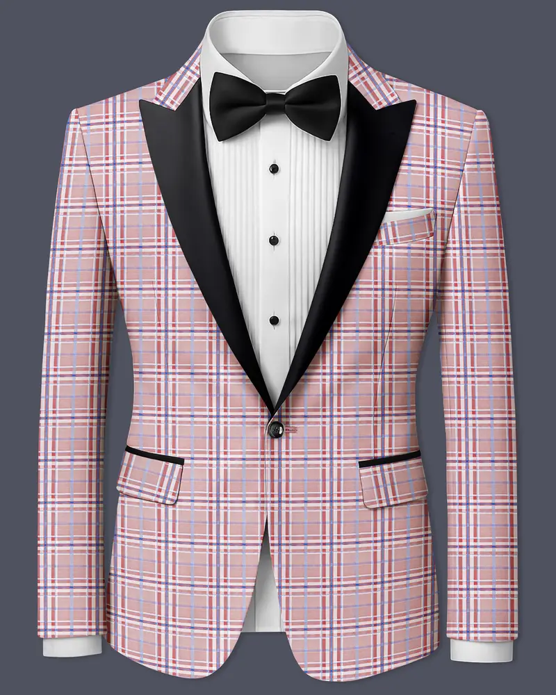 Velour-Turkish Rose Pink And Wild Blue Plaid Wool Rich Peak Lapel Tuxedo Blazer 1