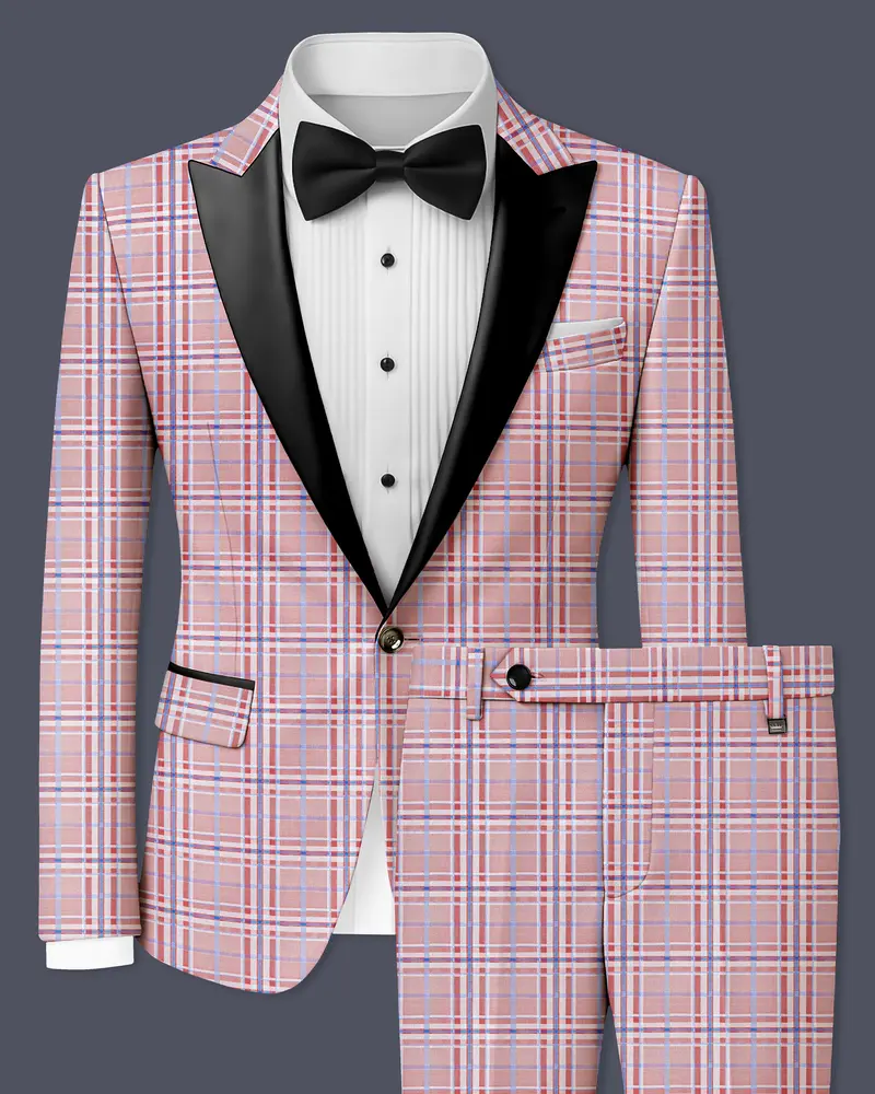 Velour-Turkish Rose Pink And Wild Blue Plaid Wool Rich Peak Lapel Tuxedo Suit 1
