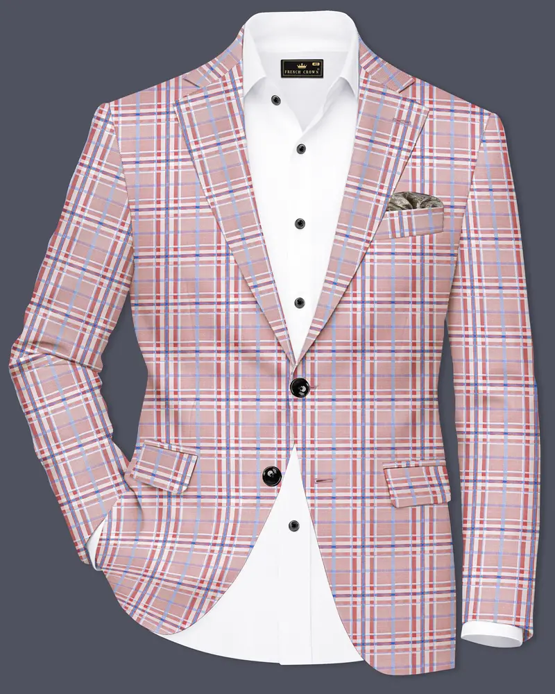 Velour-Turkish Rose Pink And Wild Blue Plaid Wool Rich Single Breasted Blazer 1