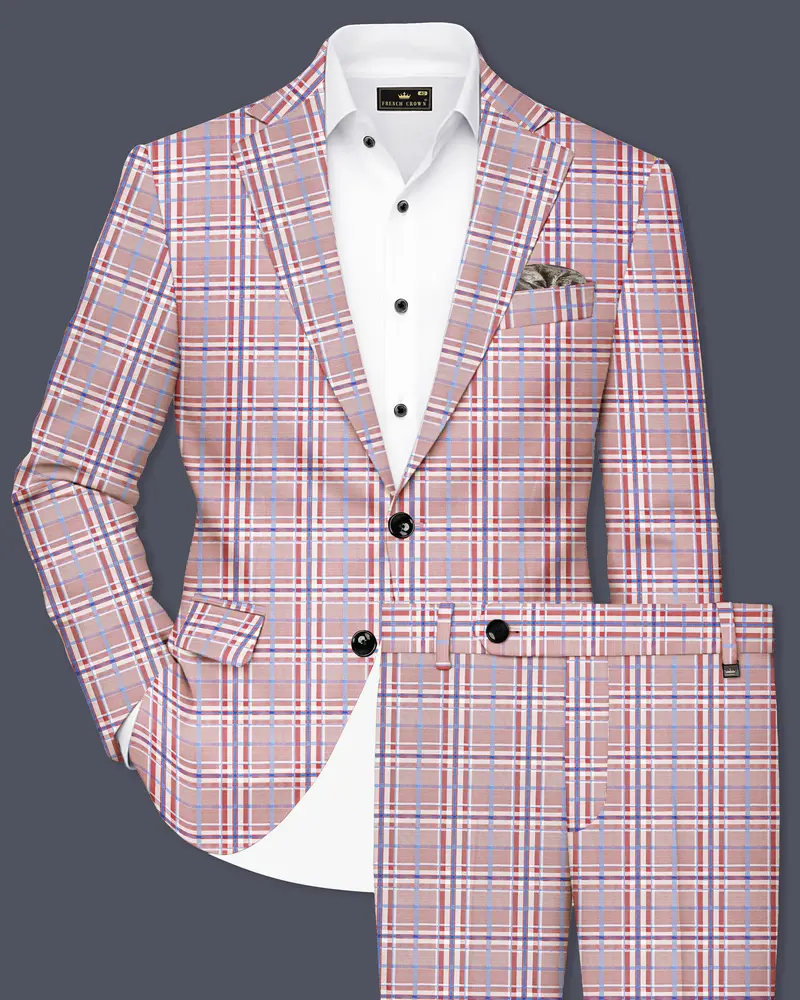Velour-Turkish Rose Pink And Wild Blue Plaid Wool Rich Single Breasted Suit 1