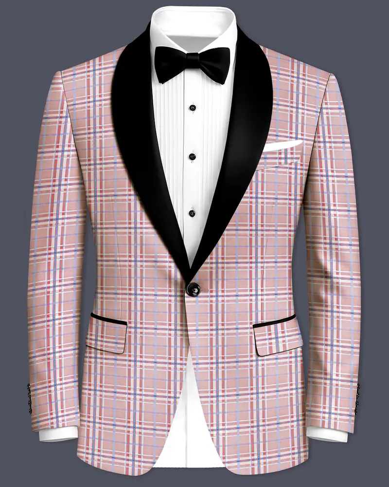 Velour-Turkish Rose Pink And Wild Blue Plaid Wool Rich Tuxedo Blazer 1