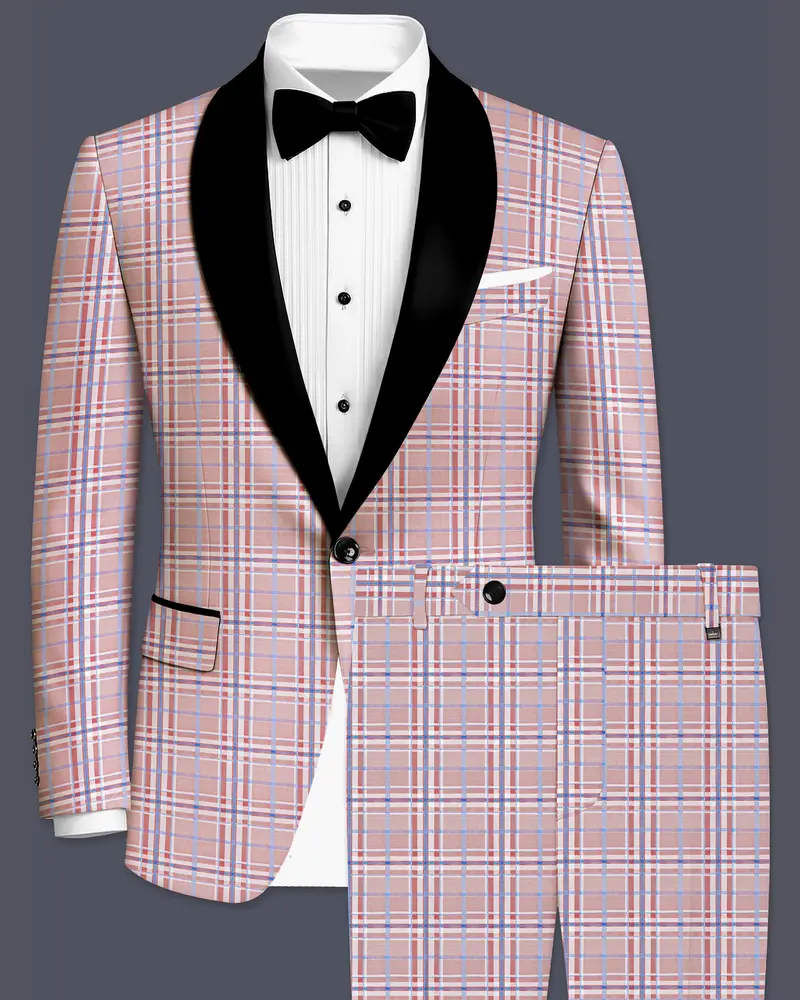 Velour-Turkish Rose Pink And Wild Blue Plaid Wool Rich Tuxedo Suit 1