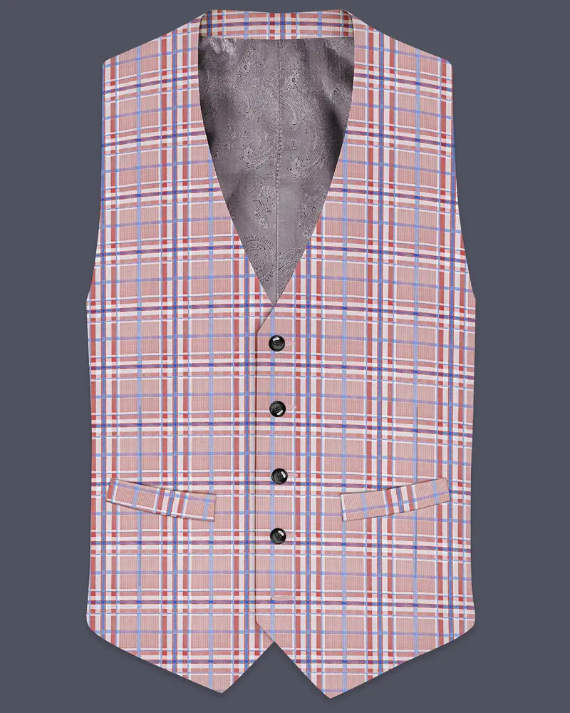 Velour-Turkish Rose Pink And Wild Blue Plaid Wool Rich Waistcoat 1
